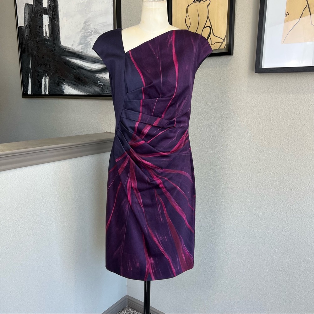 MAX MARA purple abstract floral printed pleated waist sheath dress